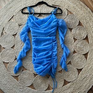 Princess Polly baby blue dress with mesh sleeves and tie strings